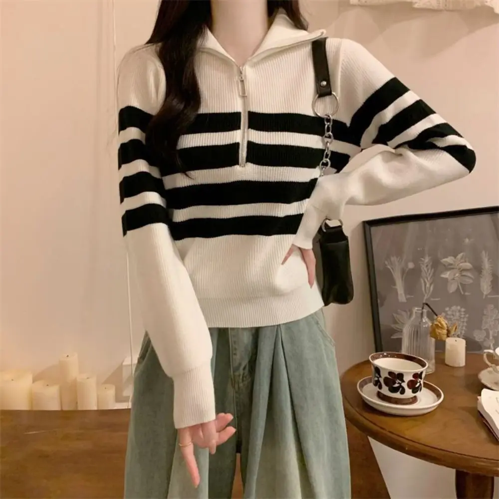 

Korean Style Long Sleeve Knit Stripe Sweater Zipper Autumn Winter Knitted Crop Top Soft Slim Fit Crochet Knitwear Girl