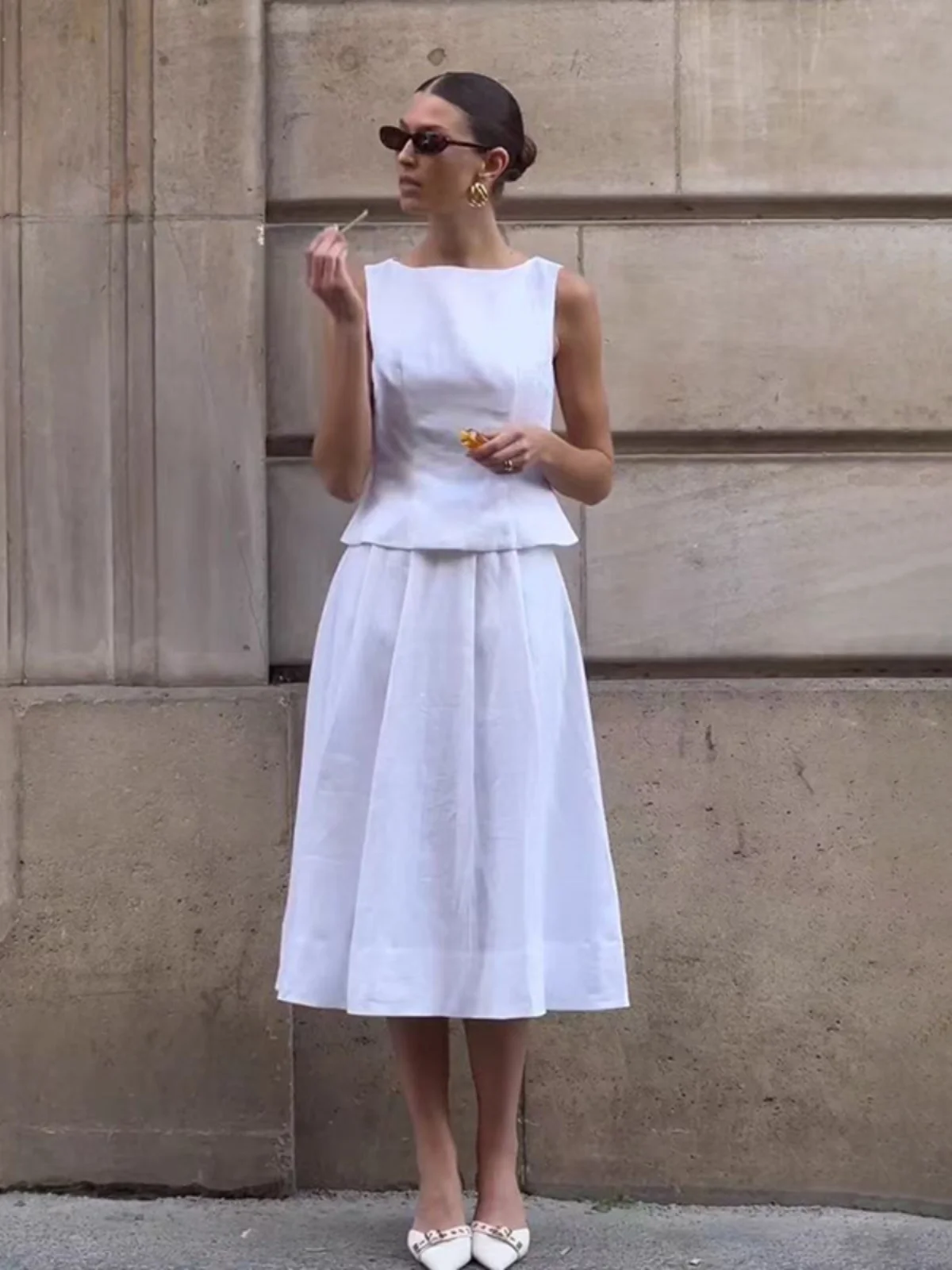 

Nana Ou ~ 2024, летний льняной жилет без железа, женский комплект с застежкой на талии, юбка-миди, модная рабочая одежда, ансамбль