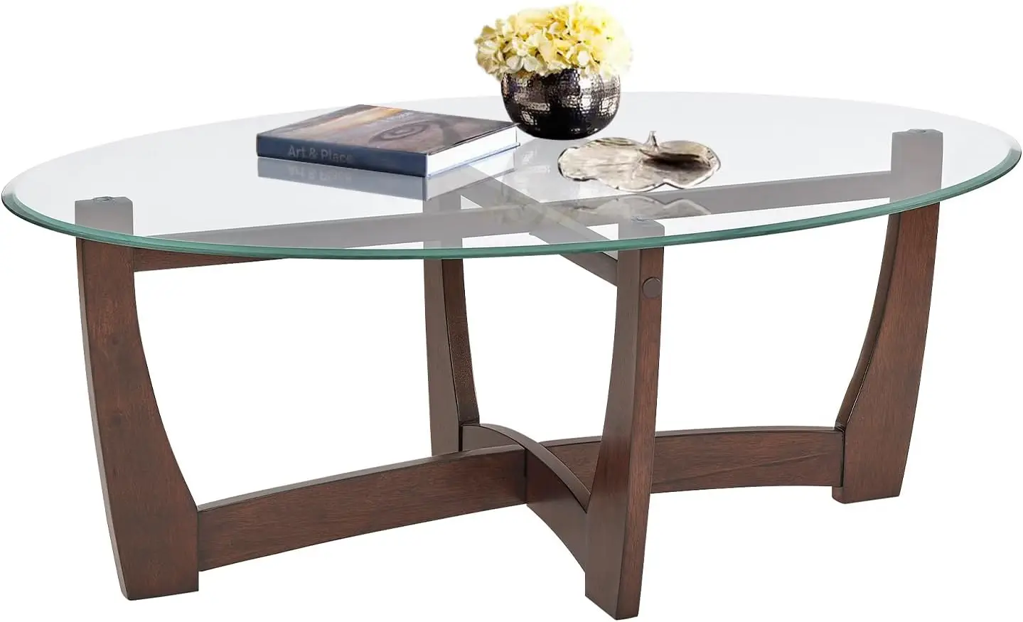 

48' Oval Glass Coffee Table, Tempered Top, Solid Wood Base, Modern Living Room Center Table, Cherry