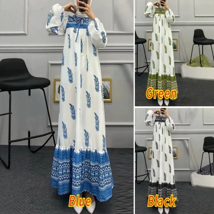 

Ramadan Moroccan Muslim Women's Islamic Retro Dress Loose Head Round Neck Lantern Sleeve Printed Dress