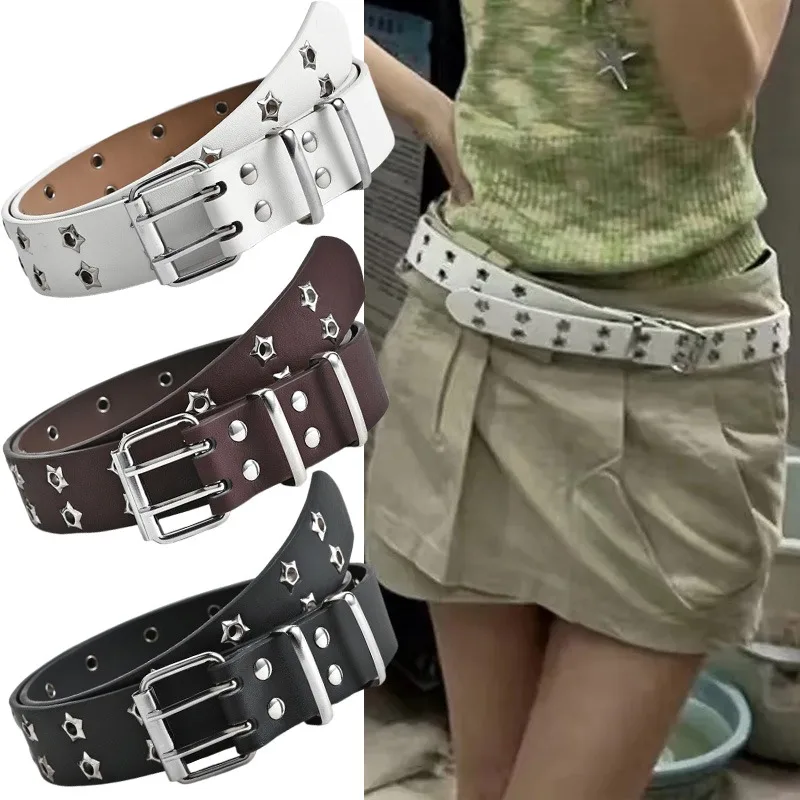 Y2K Star Eye Rivet Cintura Goth Pu Leather Doppio Pin Fibbia Cinture per Donna Uomo Moda Casual Punk Cintura per Jeans Decorazione
