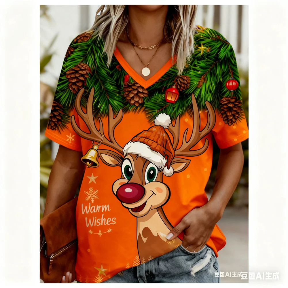 عيد الميلاد المرأة تي شيرت ثلاثية الأبعاد الأيائل نمط طباعة الخامس الرقبة الجرافيك تي شيرت سريعة الجافة عيد الميلاد قمم تي شيرت للمرأة y2k الملابس