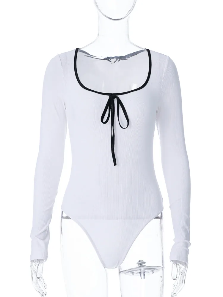 Absobe Women Solid Color Bow Ribbed Bodysuits U Neck Long Sleeve Tight Fit Button Tops Sexy Fashion Streetwear Summer New Outfit view 6