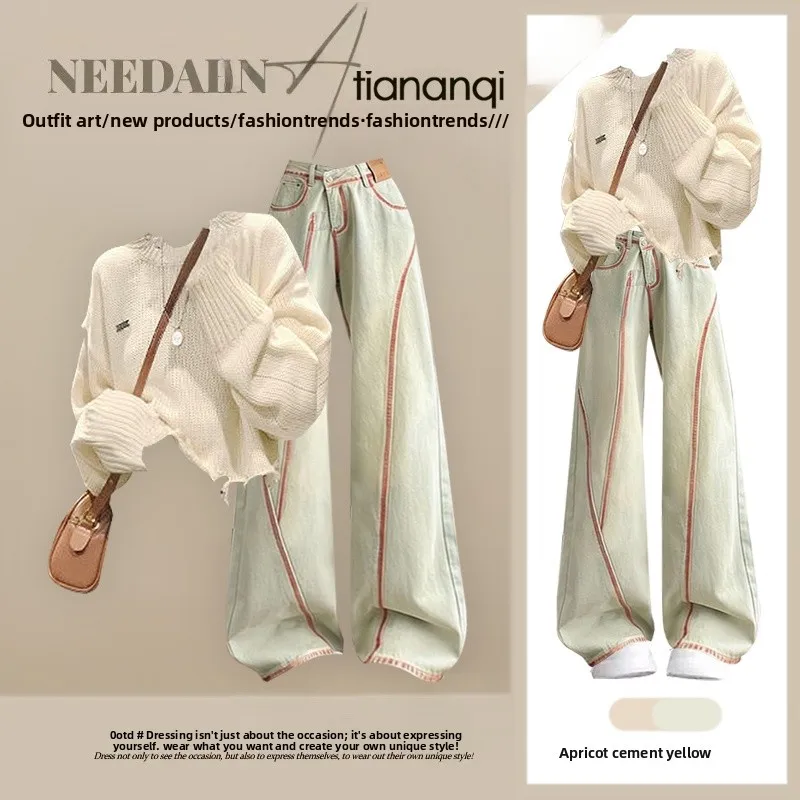 

Spring New Arrival Women's Knitted Sweater And Slim Fit Denim Jeans Two-Piece Set American Retro Sle Comfortable Soft Knitwear