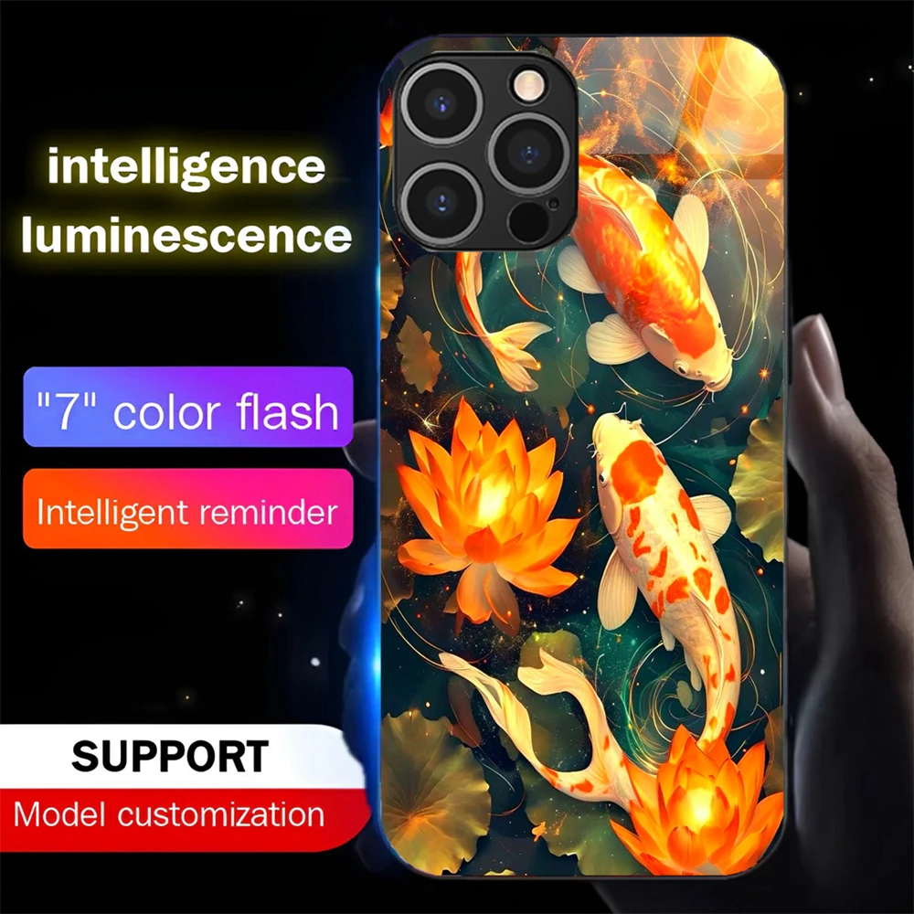 

2025 Lucky Koi Carp Led Light Phone Case Call Flash Glitter Cover For iPhone 16 E 15 14 13 12 11 Pro Max XR XS Plus