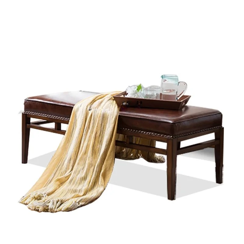 

New Chinese American Style End Stool Leather Solid Wood Sofa Stool Bedroom Bedside Bed Front Stool Baston Taburete Furniture
