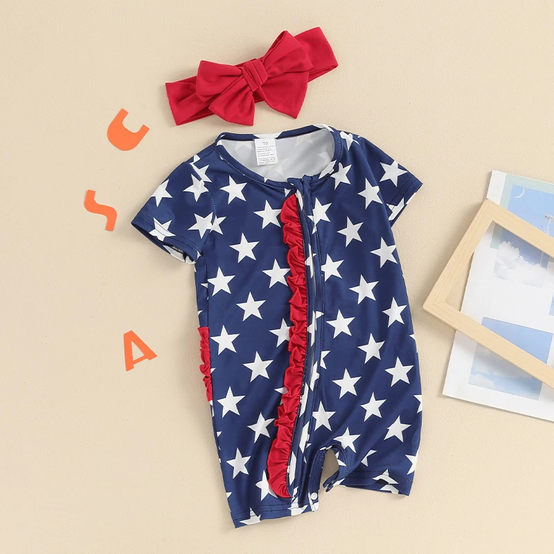 

Independence Day Toddler Girls Rompers American Flag Print Ruffles Round Neck Short Sleeve Baby Bodysuits Summer Jumpsuits with