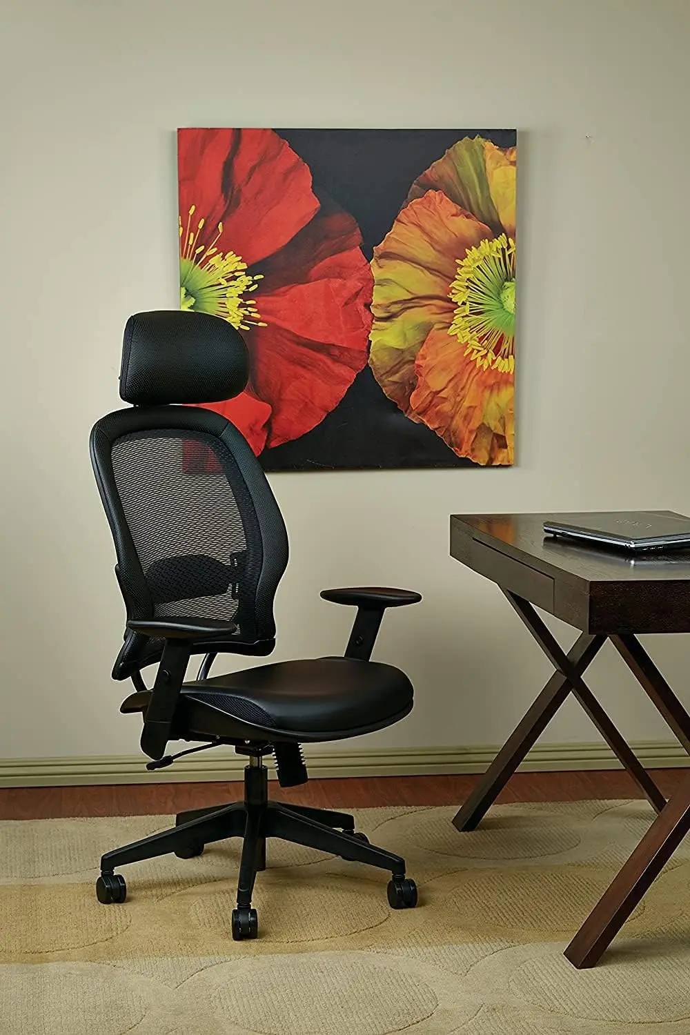 Space Seating Professional Airgrid Dark Back And Padded Black Eco Leather Seat, 2-To-1 Synchro Tilt Control, Adjustable Arms