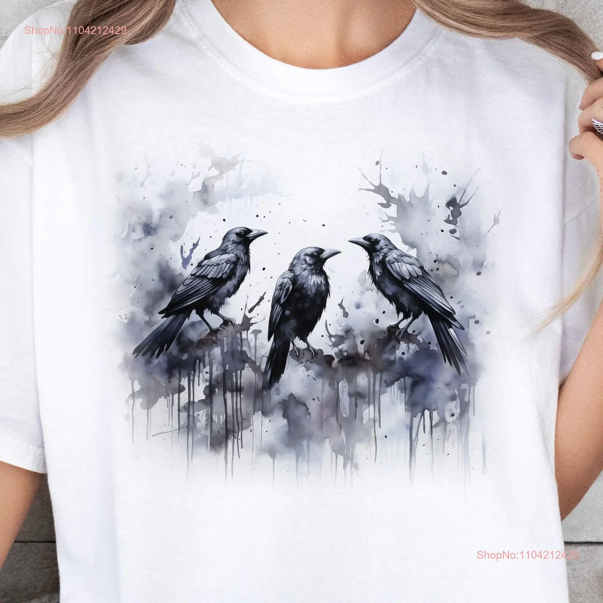 Watercolor Crow T shirt Murder of Crows Lovers Raven Corvid long or short sleeves