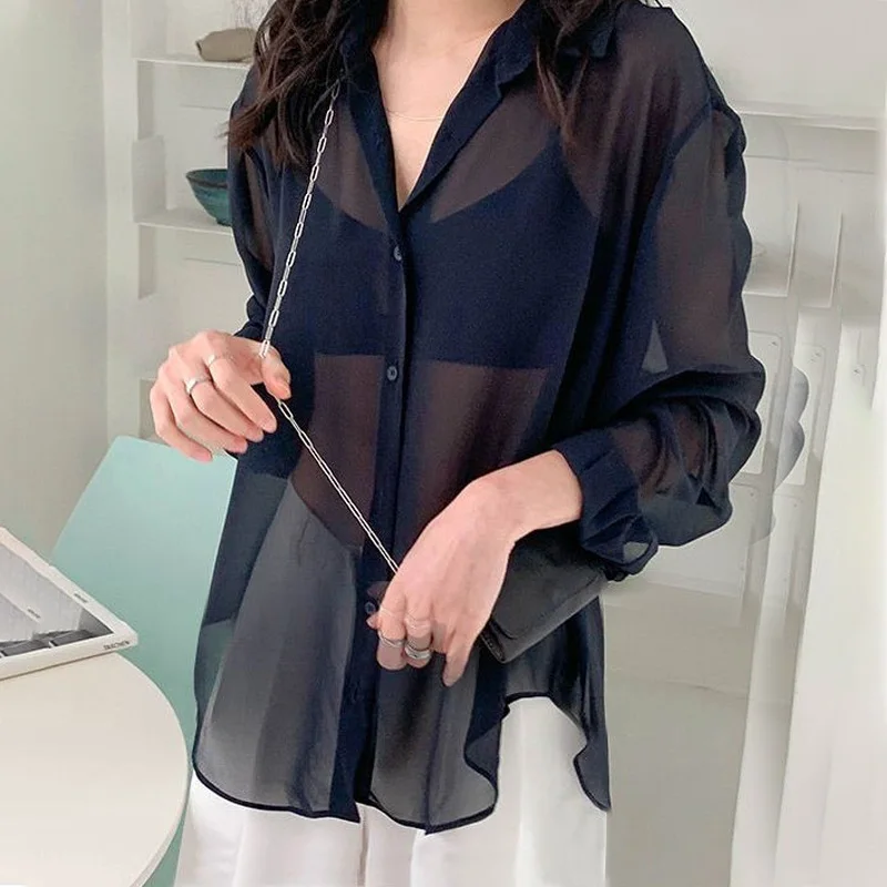 Thin Single Breasted Button Turn-down Collar Women Shirt Korean Long Sleeve Solid Loose Women\'s Clothing Chiffon Spring Summer