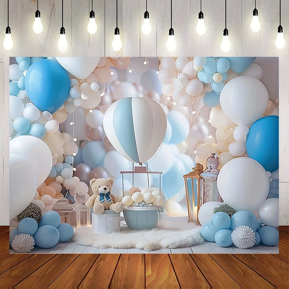 Background for baptisms and birthday parties, hot air balloon and teddy bear designs, celebrations and cake table decorations