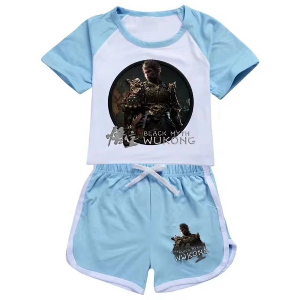 Black Myth Wukong Game TShirt Summer Kids Pajama Sets Baby Girls Short Sleeve T-shirts Shorts 2pcs Set Teenager Boys Nightwear