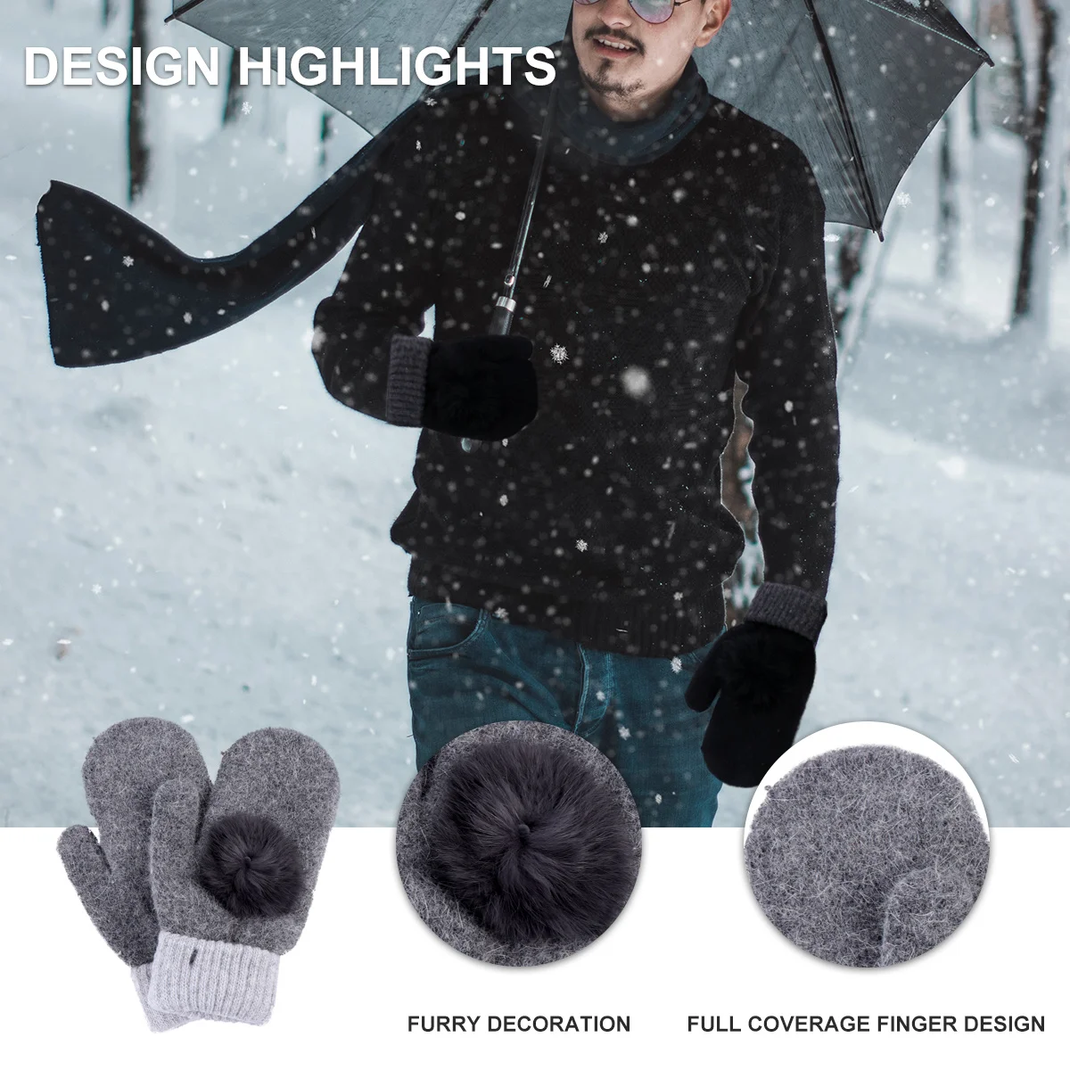 

2Pairs Women's Winter Mittens with Pom Poms Soft Thermal Gloves for Cold Weather Windproof Comfortable Fit All Sizes Gift Idea