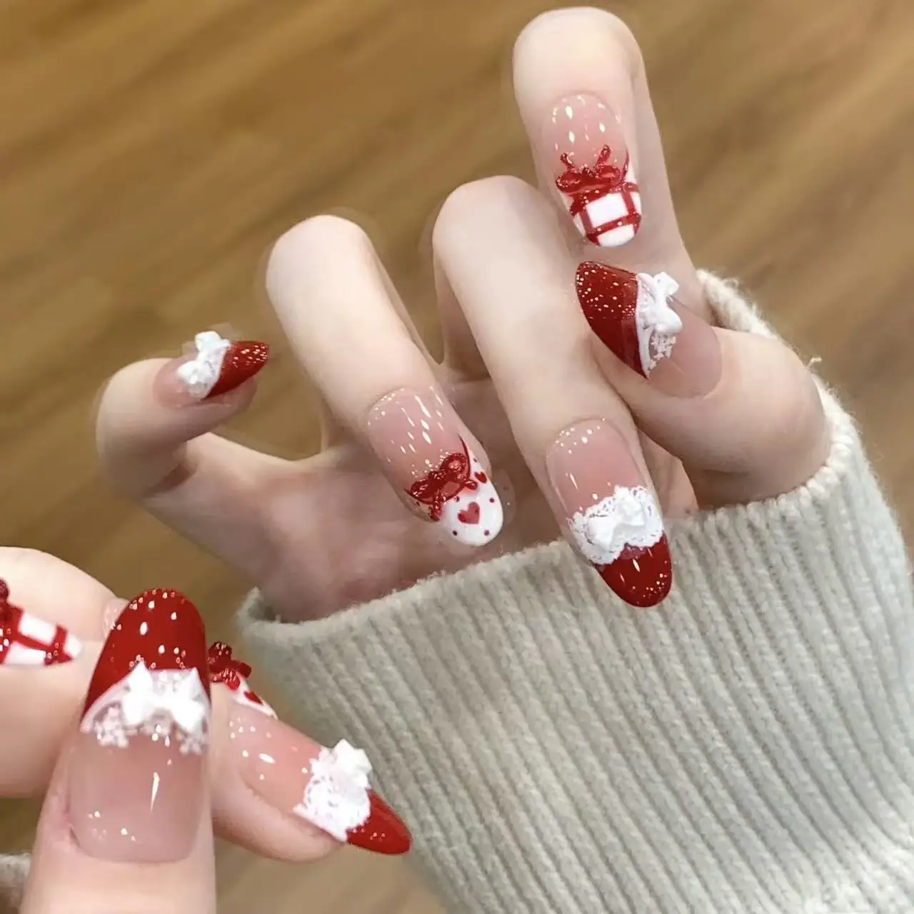 10pcs Handmade Press on Nails Red French Lace Plaid Bow Full Coverage Nail Tips for Women&Girl Detachable Wearable Nail Art
