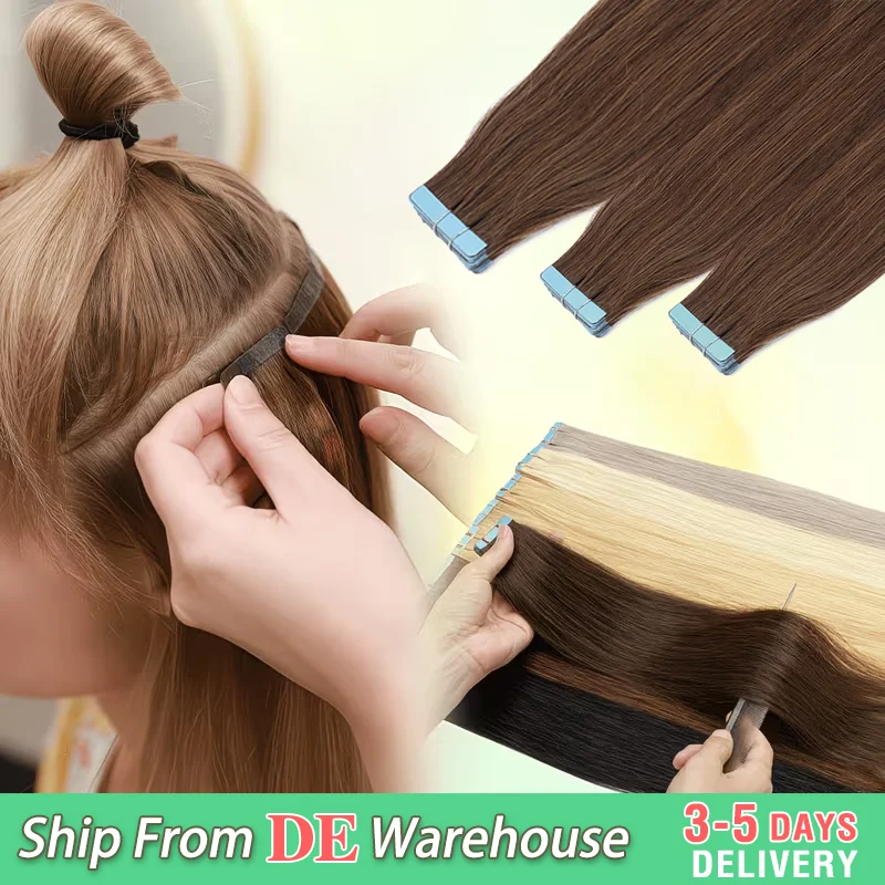 20 pièces Extensions de cheveux humains Remy lisses à bandes adhésives invisibles, 30g/paquet, 16 pouces