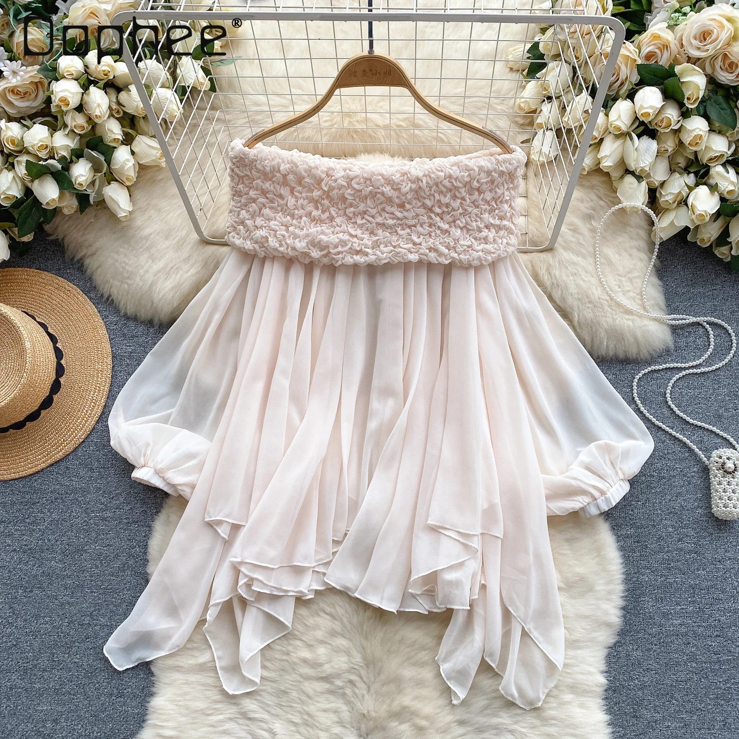 

Fairy Slash Neck Chiffon Blouse Off Shoulder Lantern Sleeves Irregular Pleated Loose Tops Solid Color Sweet Casual Clothing