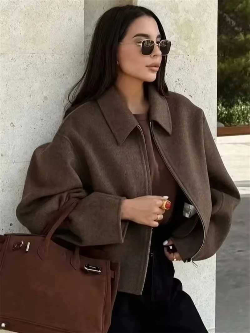 Chaqueta de lana con cremallera marrón para mujer, abrigos cortos de manga larga con solapa elegante, prendas de vestir exteriores de calle Vintage para otoño