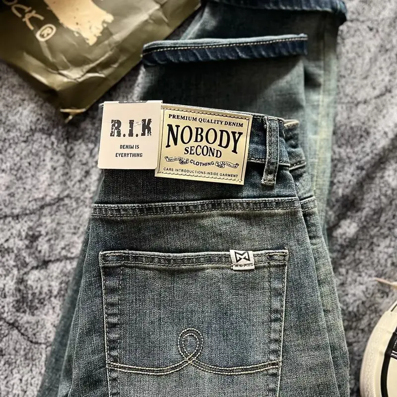

Retro American Denim Jeans Men's Casual Long Pants Workwear Waed Straight Leg Slim Fit Trousers Wear Resistant