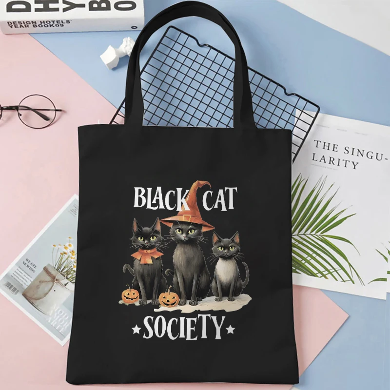 Canvas Tote Bag for Women Black Cat Society Print Handbag Teen Casual Basic Pumpkin Halloween Gift Tote Bag Female Shoulder Bag