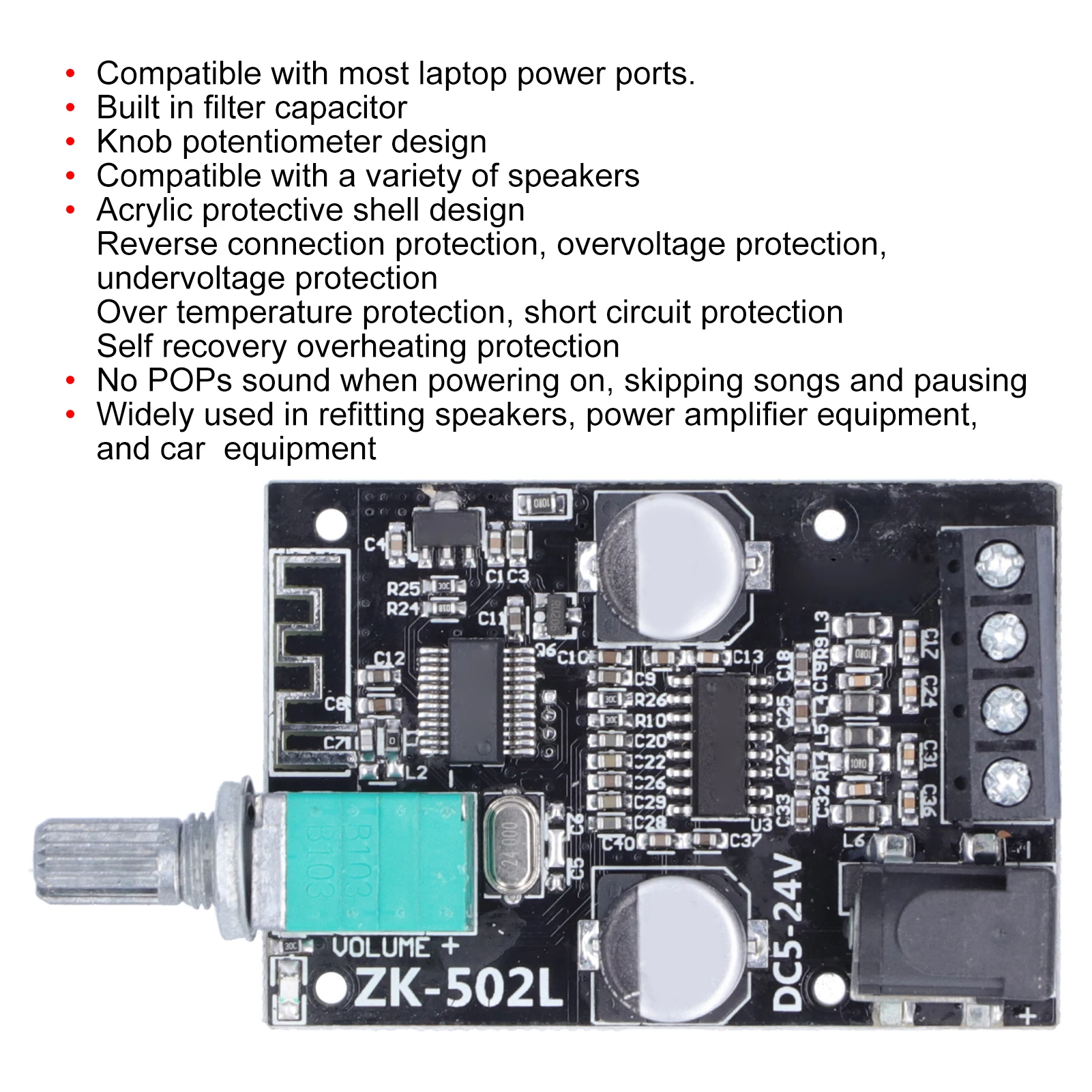 ZK‐502L Placa amplificadora de potencia Bluetooth Módulo amplificador de audio digital estéreo para altavoces DIY