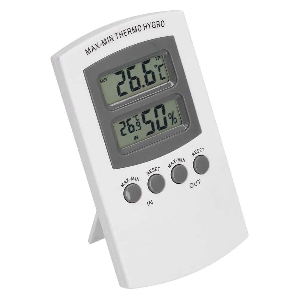 Plastic Temperature Humidity Monitor Color: White Wall Mountable LCD Thermometer Wired Probe Cable Electronic Digital