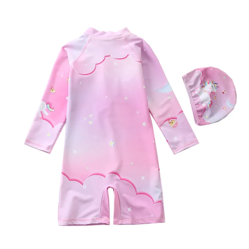 HappyFlute New 10-28kg Unicorn Print Zipper Design Long Sleeve With Swimming Cap Sunscreen Girls Swimsuit