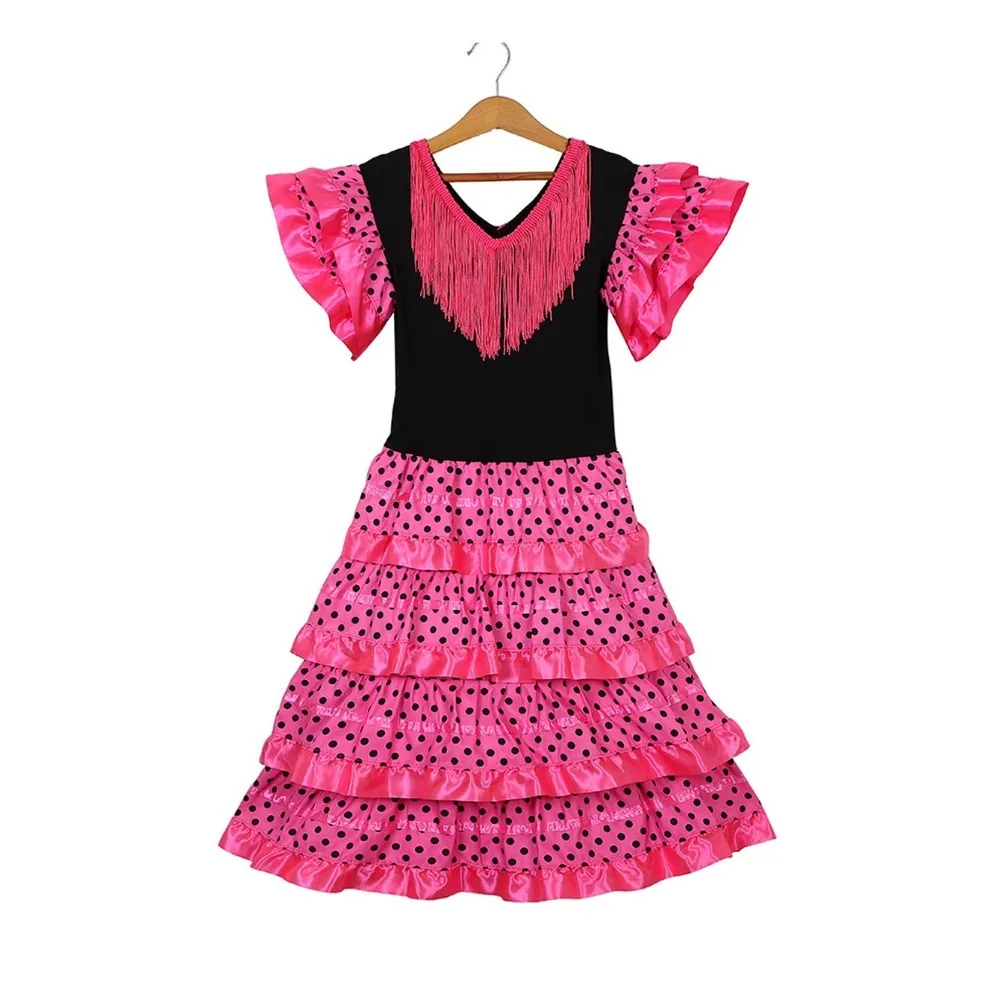 Vestido de Baile Español con Borlas, Manga Corta, Clásico, para Niñas, Falda Tradicional con Diseño de Puntos, Estilo Gitano, para Festivales