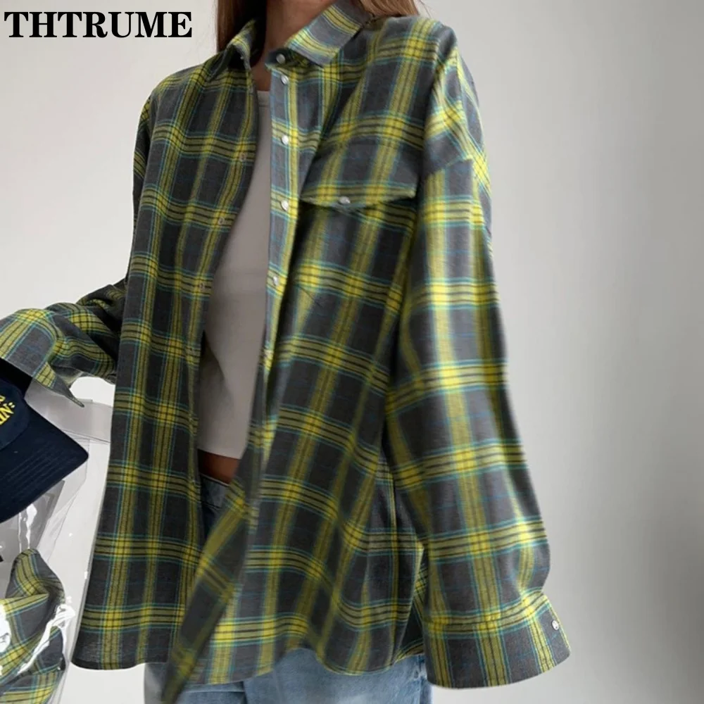 Vintage Women Y2K Shirts Fashion Long Sleeve Oversized Plaid Autumn Korean Button Shirt Streetwear Casual Korean Lapel Blouses