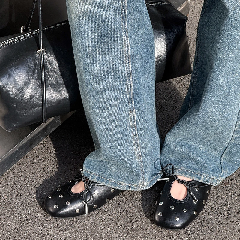 Retro Schwarze Nieten-Schleifen-Ballettschuhe für Damen, Einfarbige Flache Mary Jane Schuhe mit Flachem Absatz – Detail 13