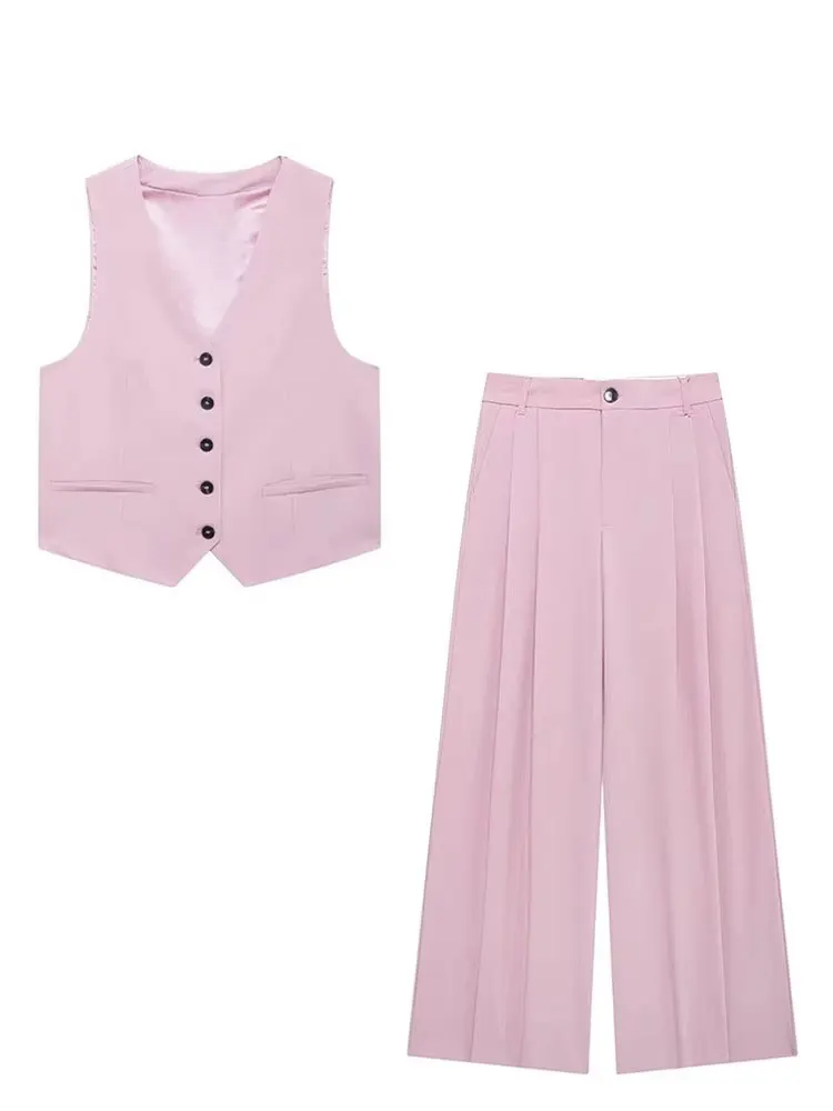 HH Women Solid Pant Sets Adjustable Back Strap Single Breasted V-Neck Vest High Waist Trousers Fashion High Street Outfit