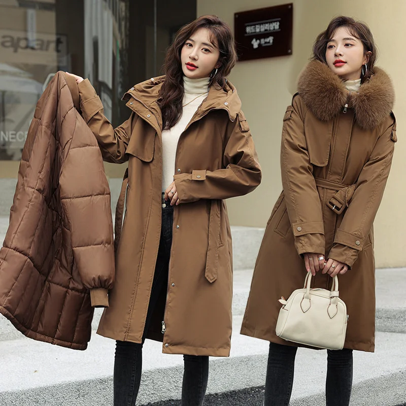 

Parkas Hooded Long Puffer Womens Autumn Lambskin Athletic Contrasting Drawstring Anti-Cold Double-Pocket Fur-Collar Quilting Hot
