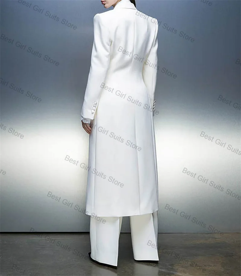 Witte vrouwen pak set 2-delige lange blazer broek herfst herfst dubbele rij knopen formeel kantoor dame jas aangepaste bruiloft broek