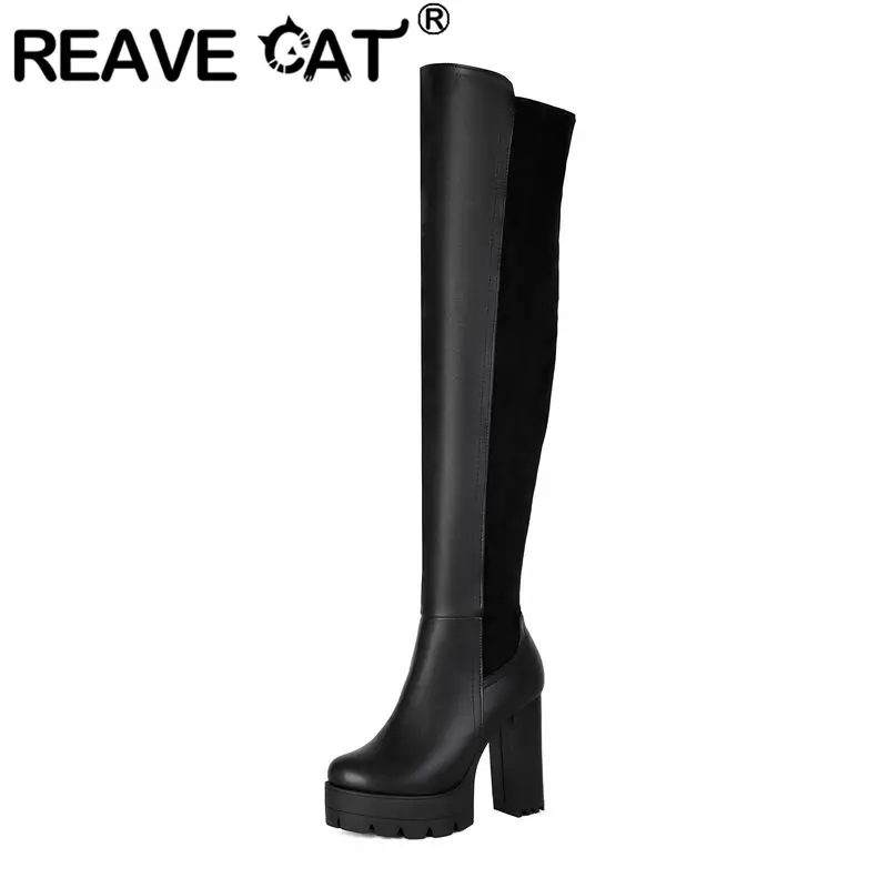 REAVE CAT Black Women Thigh Boots Round Toe 11cm Chunky Heel 3.5cm Platform Zipper Big Size 47 48 Sexy Party Over Knee High Bota