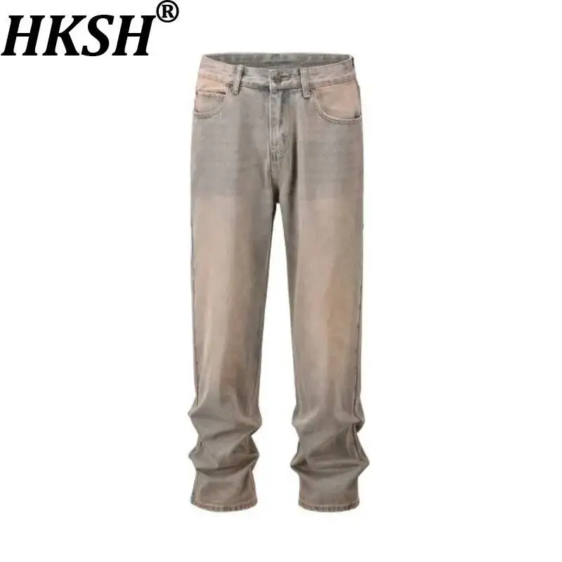 

HKSH Spring New Men Tide Retro High Street Trendy Washed Patchwork Loose Straight Jeans Women Distressed Denim Pants Y2K HK24659