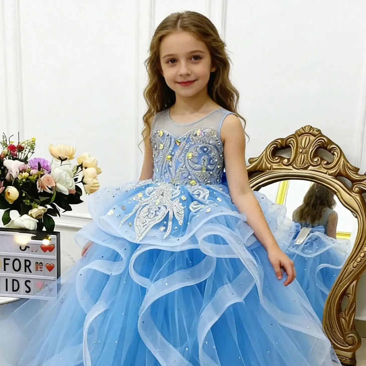 Customized Blue Flower Girl Dresses Ruffles Sheer Neck Lace Crystals Kids Birthday Party First Communion Pageant Ball Gowns