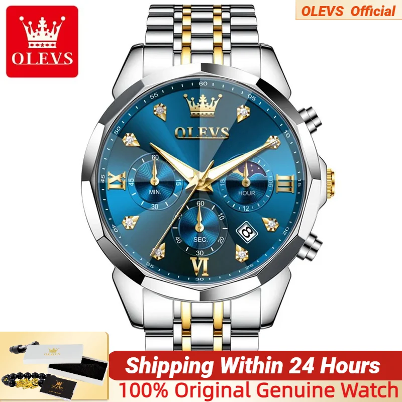 OLEVS 3670 Men's Watches Multi functional Small Dial Moon phase Waterproof Stainless steel Men Wristwatch