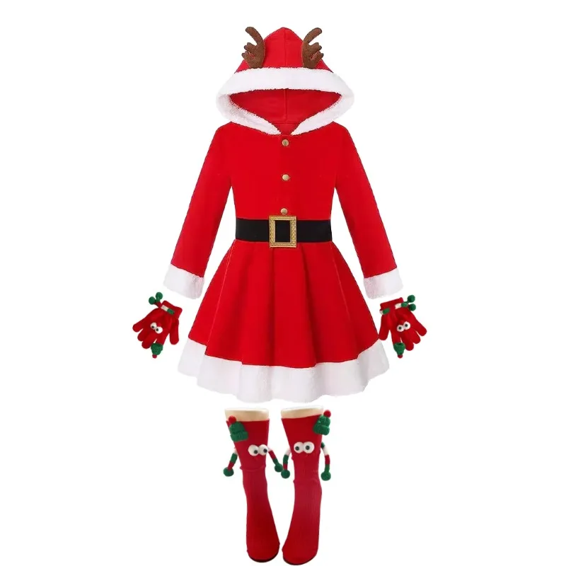 

New Kids Adults Christmas Cosplay Costume Elk Hood Red Dress with Gloves Socks for Women Girls Xmas Carnival Party Outfits