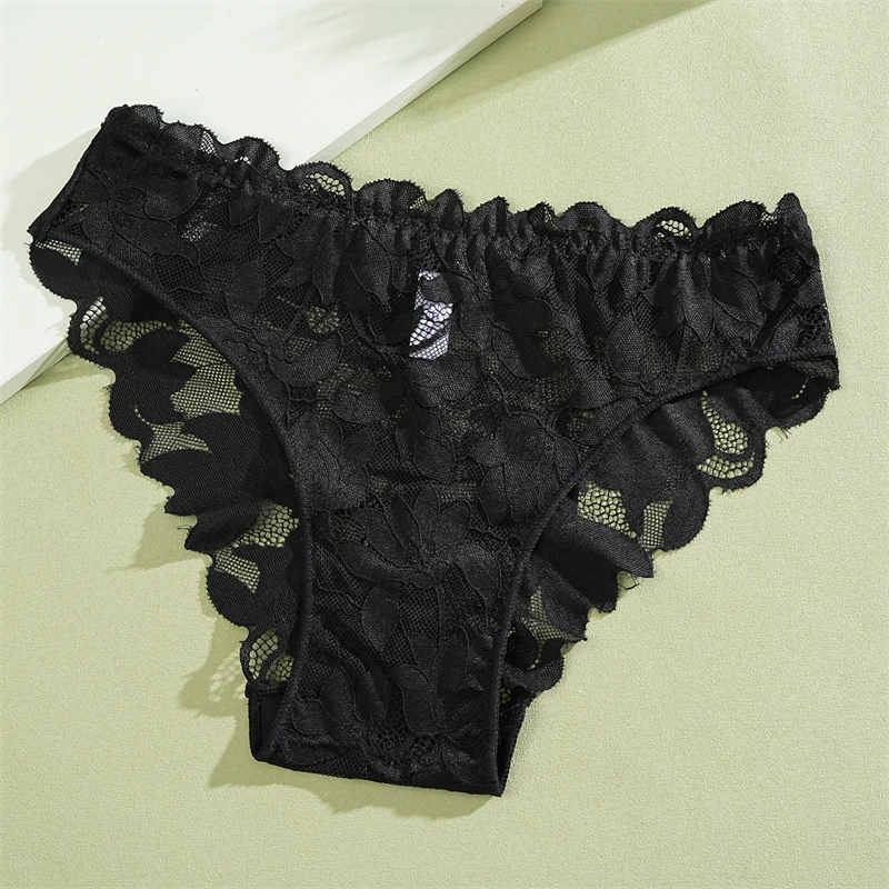 FINETOO 2 Stück Damen-Unterwäsche aus Satin mit Blumenspitze, sexy, aushöhlen, Höschen, solide, niedrige Taille, perspektivische Slips, Mädchen, weiche Dessous – Detail 14