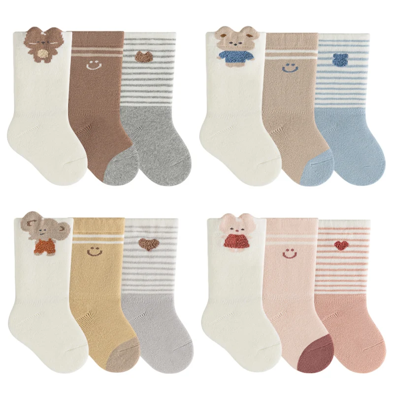 3 Pairs Mid-calf Newborn Socks Cartoom Soft Cotton Baby Socks StripeThicked Warm Infant Socks for Toddlers Boys Girls