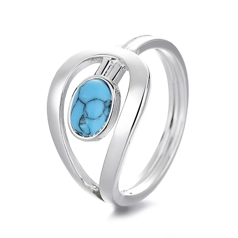 Unisex Oval Blue Stone Wedding Bands Synthetic Turquoise Rings For Women Men Silver Color Vintage Engagement Ring Party Jewelry