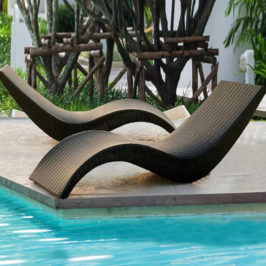 

Two Eco-friendly PE Rattan Beach Pool S-Shape Sun Loungers Hotel Outdoor Waterproof Chaise Lounge Bed