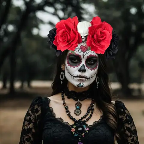 Day of the Dead Flower Crown Headband Skull and Ghost with Black Veil Halloween Rose Headpiece Exaggerated Party Accessories