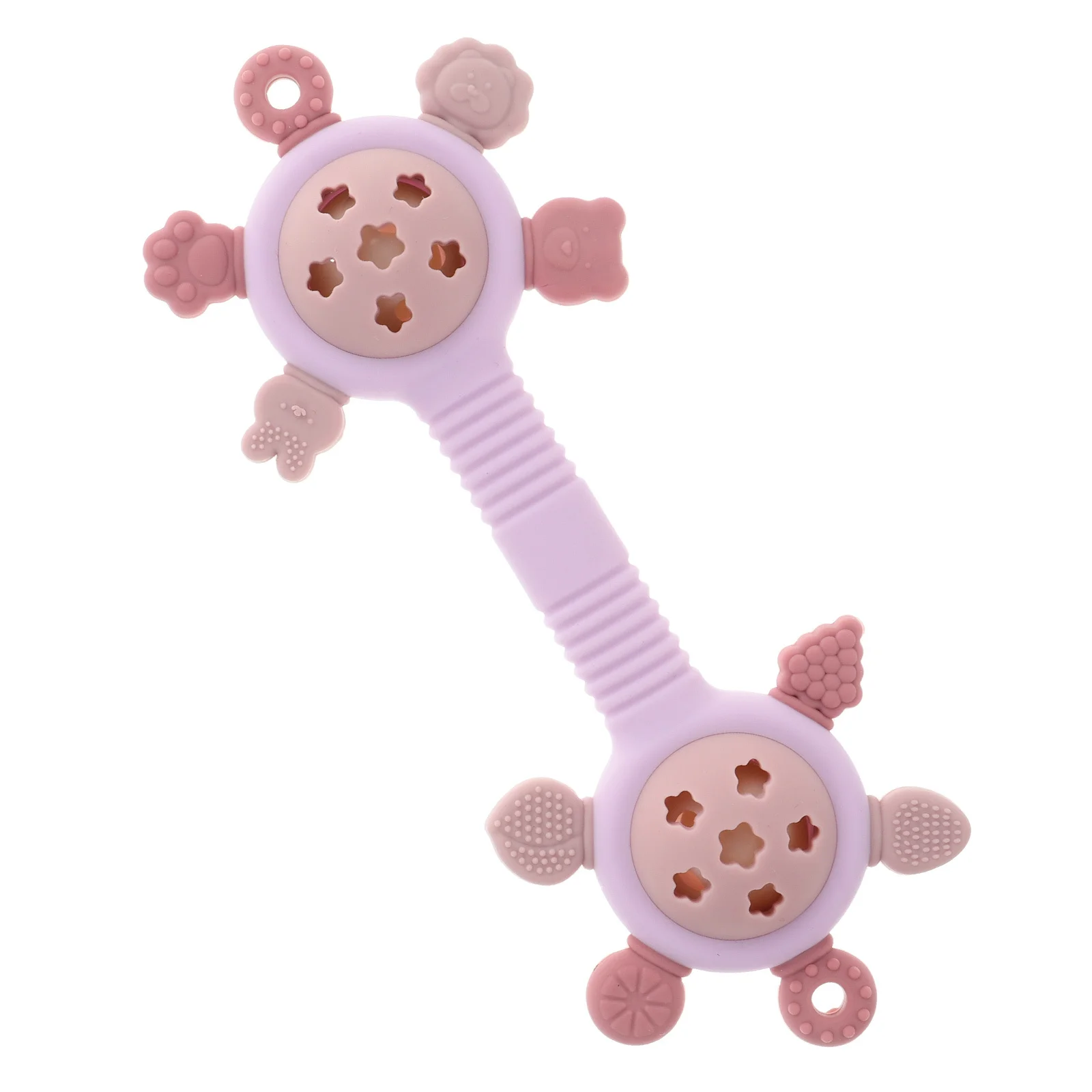 เครื่องเขย่าซิลิโคนสำหรับเด็กทารก ดีไซน์แบบสองหัว สีชมพู วัสดุนุ่ม เสียงอ่อนโยน ปลอบประโลม สำหรับเด็กผู้หญิง ทารก และเด็กวัยหัดเดิน เพื่อความสบายและปลอดภัย