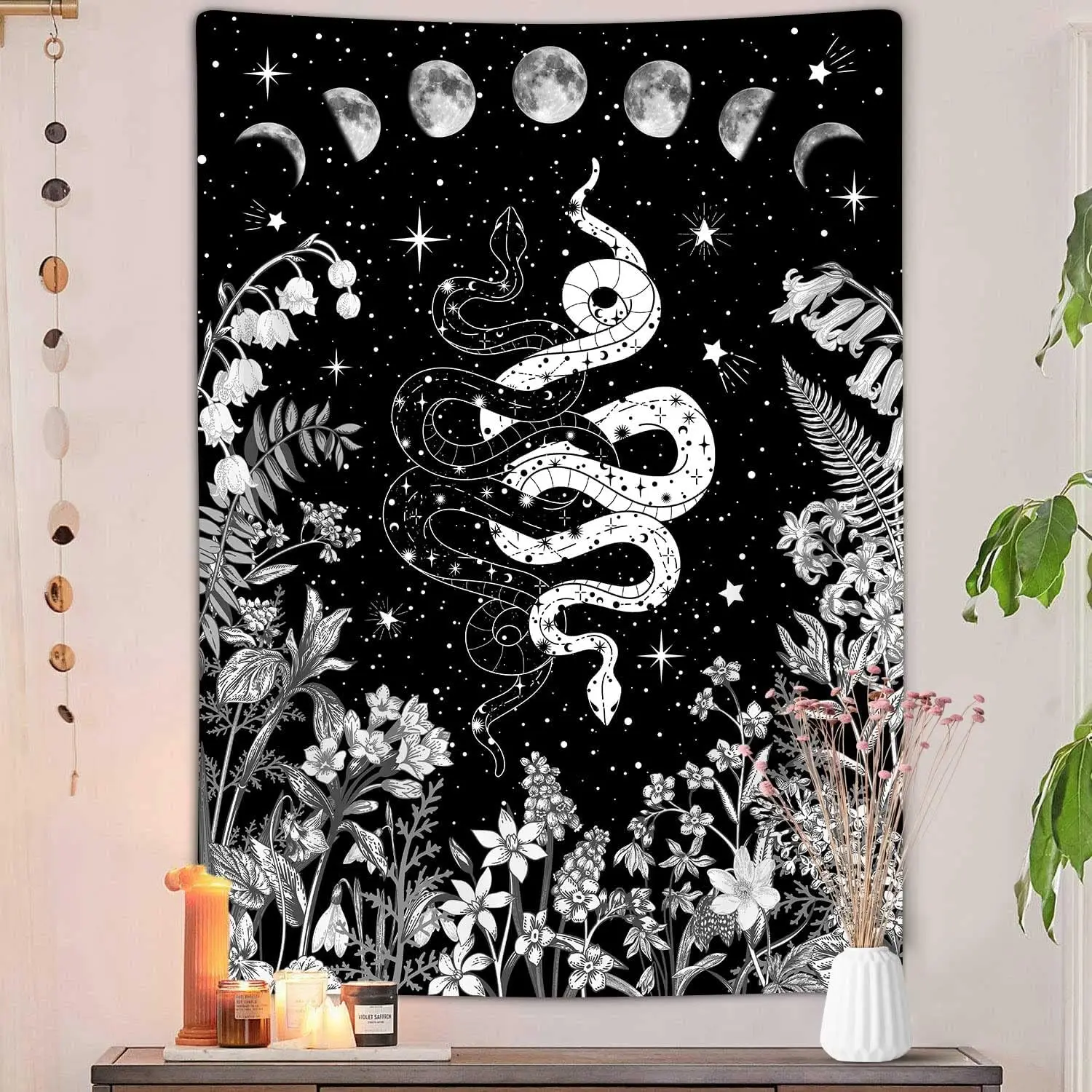 Moon Phases Snake Tapestry - Mystical Black & White Wall Art, Botanical & Celestial Decor, Bedroom & Dorm Hanging Multiple Sizes
