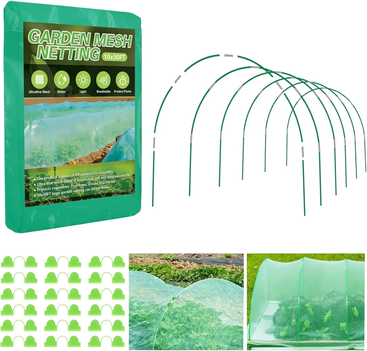 

10x30FT Green Ultra Fine Mesh Netting Kit with 6 Sets of 8FT Fiberglass Hoops for Raised Beds, Insect Protection
