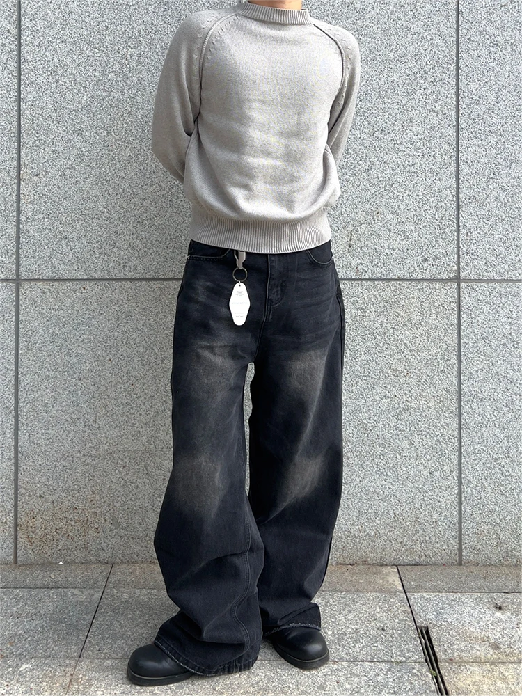 

Cleanfit Vintage Faded Bla Loose Wide Leg Men's Jeans Straight Casual Trousers American High Street Sle Youth Faion