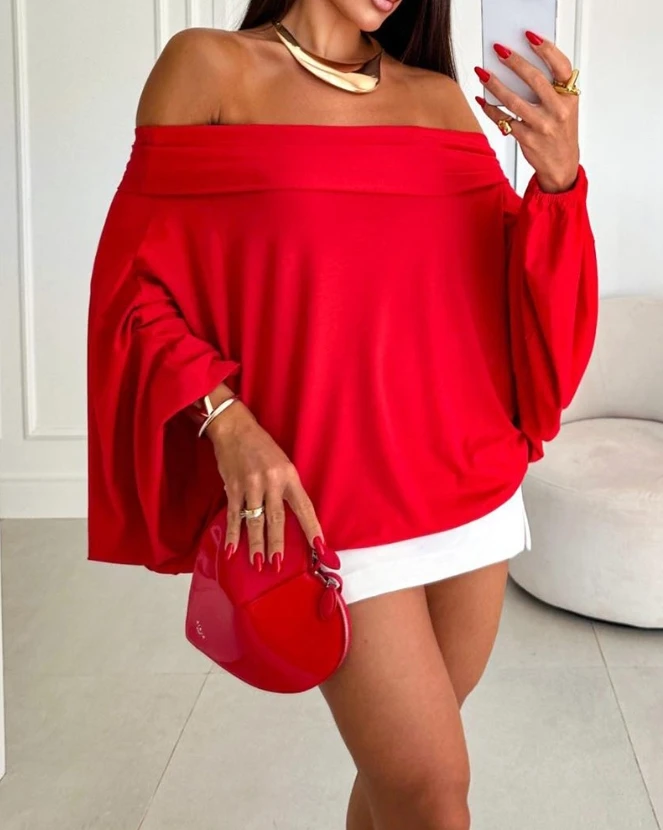 

Top Women 2024 Spring Fashion Off Shoulder Batwing Sleeve Casual Plain Long Sleeve Daily Top Y2K Clothes