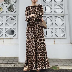 Long-sleeved Abaya Dress for Women, Leopard Print Abayas, Long Over-the-Knee, Islam Abaya