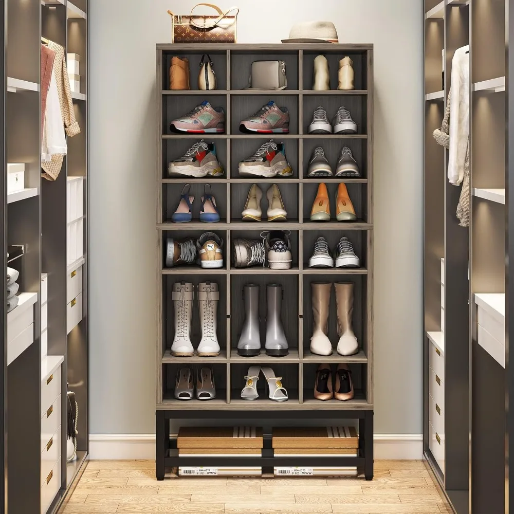 8-Tier Shoe Storage Cabinet, Freestanding Wooden Shoes Rack with 24 Cubbies, Tall Shoes Organizer Rack, Shoe Hanger