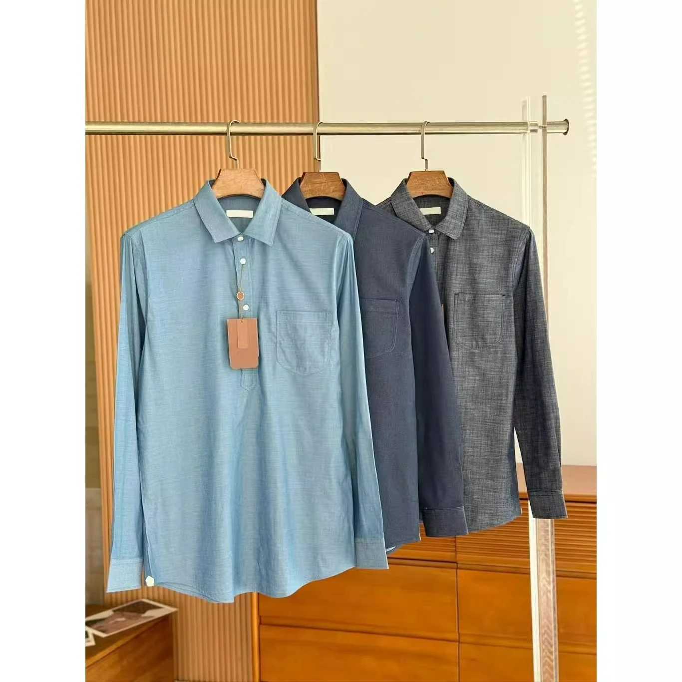 

Italian LP2026 spring and summer new old money style business solid color lapel shirt chest pocket denim shirt men's clothing